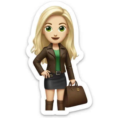 Realistic White woman with Long straight blonde hair and green eyes, dark Brown oversize leather jacket, mini skirt and Brown heeled leather boots, holding handbag sticker