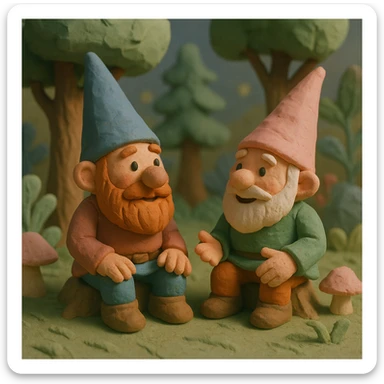 two gnomes in a forest, sitting side by side, chatting, magical atmosphere, pastel colors, claymation style sticker