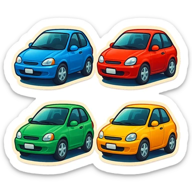 Create a set of car emojis in a similar style to the provided image, with variations in colors and slightly different shapes. Include blue, red, green, and yellow cars. The style is retro stickers. Remove the background. sticker