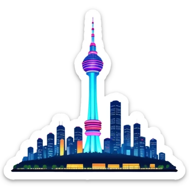 N Seoul Tower – Cinematic Realistic N Seoul Tower, depicted as a sleek modern tower illuminated against a vibrant cityscape at night, with reflective glass and dynamic neon lighting, rendered with intricate architectural detail and a futuristic urban glow. sticker