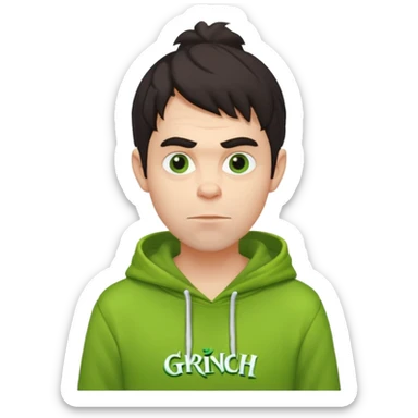 Create an avatar of white Europeanwith dark hair  male in hoodie with ``BST`` letters on it. Make background to look like from movie Grinch sticker