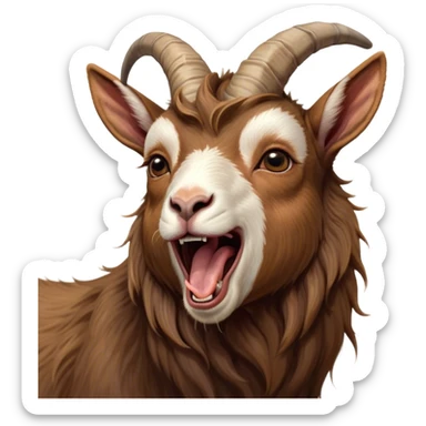 Cinematic Cute Yawning Brown Goat Portrait Emoji, Head tilted slightly with a dramatic, wide-open yawn, showcasing a soft, downy brown fur with delicate horns and gently drooping ears, round eyes barely open in drowsy contentment, Simplified yet irresistibly adorable features, highly detailed, glowing with a soft, cozy glow, high shine, relaxed yet expressive, stylized with a touch of rustic whimsy, bright and endearing, soft glowing outline, capturing the essence of a sleepy yet affectionate goat, so drowsy it feels like it could stretch out of the screen and curl up for a nap! sticker