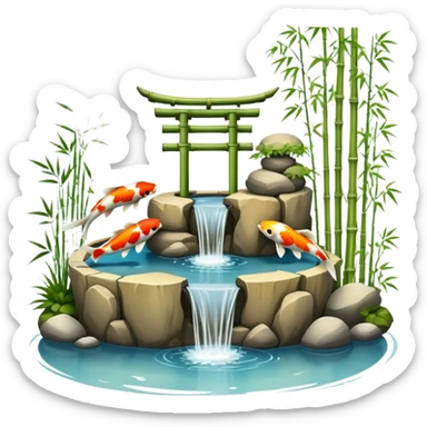 Romantic Asian koi fish pond and bamboo fountain scenic scenery landscape deco sticker