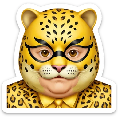 a fat old man, with a yellow suit,  wear half-face golden Leopard masquerade mask sticker