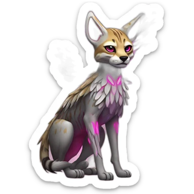 Coyote ocelot standing with grey and black fur and phoenix wings on back and pink ears half skeleton, neon lights sticker