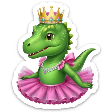 Trex wearing a tutu, tiara, and a pink glittery bow sticker