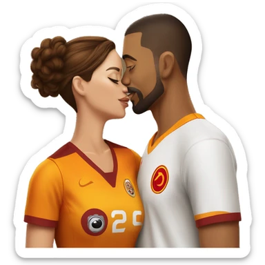 A brunette woman with a brown-haired man who has a goatee and shaved sides are kissing each other while wearing Galatasaray jerseys. sticker