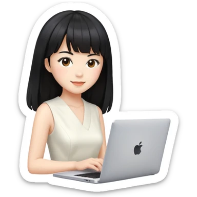 empresária japonesa de pele clara e cabelos pretos com franja e longos na altura das sombracelhas mexendo em um notebook portátil da Apple, esboçando um leve sorriso, vestindo um vestido elegante branco sticker