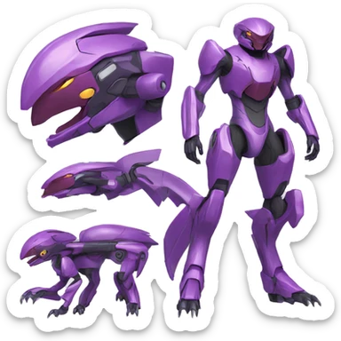 a purple Genesect-Raptor-Fakémon—hybrid with a futuristic visor-helmet full body sticker