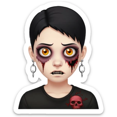 Jovem de cabelo pretos médio camisa preta olhos pretos usando brincos e um piercing no rosto versão zumbi sticker