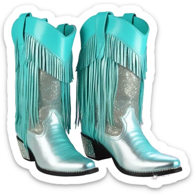 Realistic silver and pastel tiffany blue ombre pair of fashion cowgirl boots with sparkly shiny glitter fringe on them. sticker