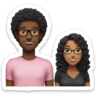 Black man, smiling, curly black hair, with black shirt, no glasses. And Fair woman, medium curly hair, smiling, light pink shirt, black glasses sticker