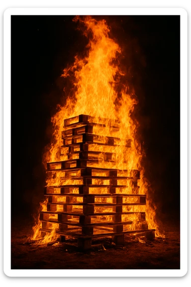 a burning stack of pallets forming a bonfire, intense flames, wooden slats visible, warm glow, outdoors sticker