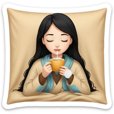 black hair girl long hair inside a beige blanket sipping coffee eyes closed sticker