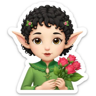 Tiny elf baby black curly hair with pointy ears, hold flowers sticker
