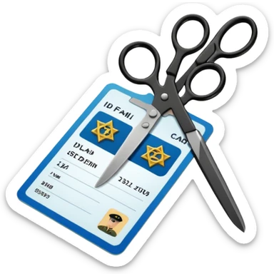 Floating black Scissors cutting in half an idf soldier ID card with a little chip in 2 parts sticker