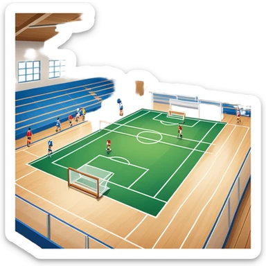 A mini-football match in an indoor sports hall with a wooden floor and clear court markings. The scene captures players in action, with the ball moving towards the goal, and the surrounding bleachers and overhead lights adding to the atmosphere of a competitive game. sticker