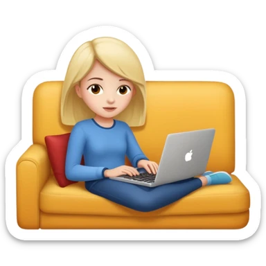 A girl is working with a laptop while lying on the sofa sticker