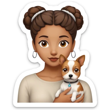 sort, 30 year old, brown girl, back Bun (one) hairstyle, with a bug white brown dog sticker
