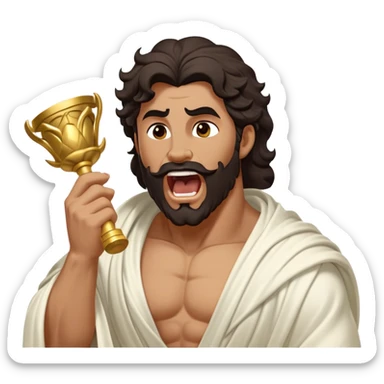 Cinematic Realistic Hercules Portrait, head tilted slightly with a dramatic, wide-open yawn, revealing a moment of relaxed, unguarded strength. His bronze, sculptural skin and thick, wavy dark hair retain their classical beauty even in repose. Draped in a gracefully flowing white robe with subtle golden details, the portrait is bathed in soft natural lighting, capturing a tender glimpse of vulnerability from a timeless Greek hero. sticker