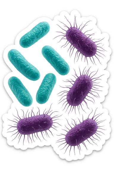 5 BATTERI BUONI E 5 BATTERI CATTIVI FLUTTUANO IN ARIA, I BATTERI BUONI FALLI TURCHESI, I BATTERI CATTIVI FALLI VIOLA, IPERREALISTICO 4K, NON DISEGNATO sticker