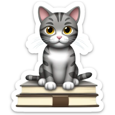 A minimalistic emoji-tstyle illustration of a dark grey tabby cat with white paws and chest, sitting on a stack of books and papers. The cat looks to the side with perked ears, and its tail extends slightly off the surface. The background is simple and neutral, with a hint of a window or curtain for context. sticker