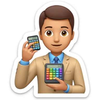 3D iPhone style emoji of a person using a calculator, finger pressing colorful buttons, digital display showing numbers, isolated on white background, soft shadows, high detail, playful and cute. sticker