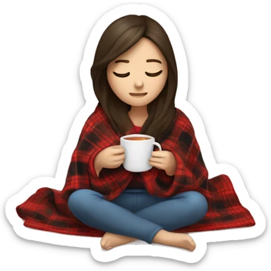 A brunette tween who has the stomach flu and is resting wrapped in a plaid blanket with a hot cup of tea sticker