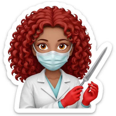 Scary woman scalpel in hand, evil surgeon sexy surgeon clothes.  She has red eyes. Her  brown long curly hair. Wears sexy doctor outfit with red gloves. make her hair free and brown but have mouthy  wear  mask  to hide. Wears white surgeon jacket and  has lon* brown hair. sticker