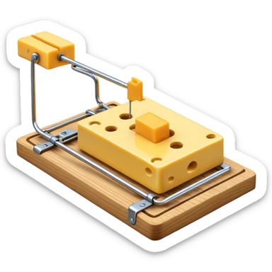 A 3D emoji in iOS emoji aesthetic style of a classic mousetrap with a wooden base and a metal spring mechanism, holding a small piece of yellow cheese, clean and detailed design, white background, glossy Apple-style rendering sticker