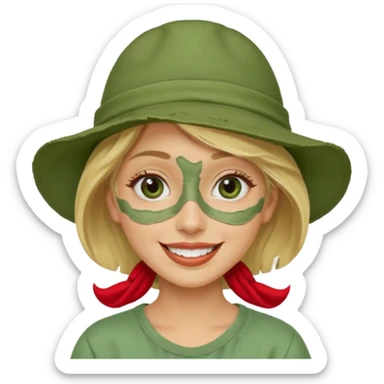 messy green clay mask and red tourist hat blond braided woman big eyes smiling and clay mask on face sticker