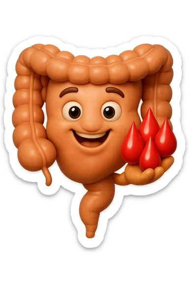 emoji stile iphone 3d di stomaco e intestino collegati verticalmente con 3 gocce di sangue 3d in mano, iperrealistiche 4k sticker