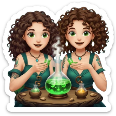 forest alchemist duo two women curly long hair tattooed and short brown hair mixing glowing moon potion together excited faces sticker