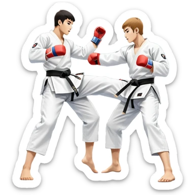 Two taekwondo fighters in traditional white doboks with black belts compete in a dynamic match. One delivers a high kick, while the other blocks using their knee. The background features a professional arena with bright lights and spectators. Transparent background. sticker