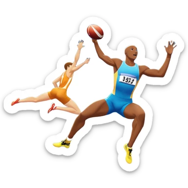 An icon showcasing various disciplines of track and field in one scene: a sprinter in full speed, a high jumper soaring over the bar, a long jumper taking off, and a discus thrower in motion. The background features a vibrant stadium with cheering crowds, bright lights, and a clear sky.  sticker