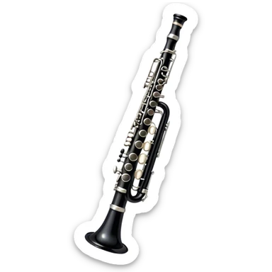 Create an elegant and refined emoji representing A clarinet. The design should showcase the sleek, black wood finish of the clarinet with its shiny metal keys and elegant detailing. Include the distinct, high-quality features, giving it a modern and sophisticated look. Add subtle elements like the mouthpiece with the reed, emphasizing its importance in sound production. Use dark tones like ebony, silver for the keys, and soft light reflections to evoke a professional, classical feel. The background should be transparent. sticker