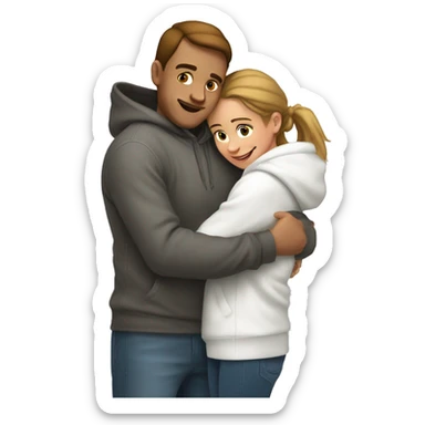 An emoji of a man wearing a white hoodie, standing next to his sister. He is hugging her warmly, showing a close sibling bond sticker