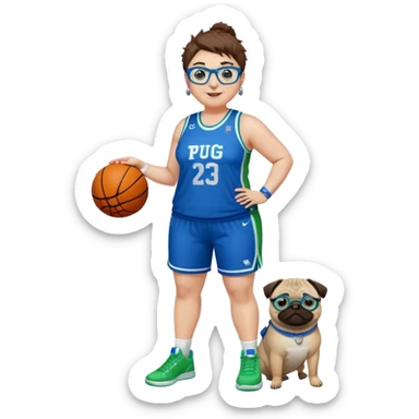 Full Body plus size white female basketball player with short medium brown hair with short spike hair wearing blue glasses 
With a pug wide nose wearing blue green uniform  green sneakers smiling wearing silver hoop earrings sticker