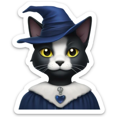 black cat with a white soul path wearing a dark blue witches ha sticker