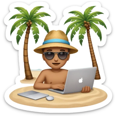 A gender-neutral emoji-style character (🧑‍💻) sitting at a small table with a laptop on the beach, palm tree and sea behind sticker