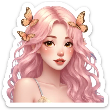 gorgeous shiny blushing anime lady with butterflies and beautiful hair fairycore high quality detailed vogue trending aesthetic sticker