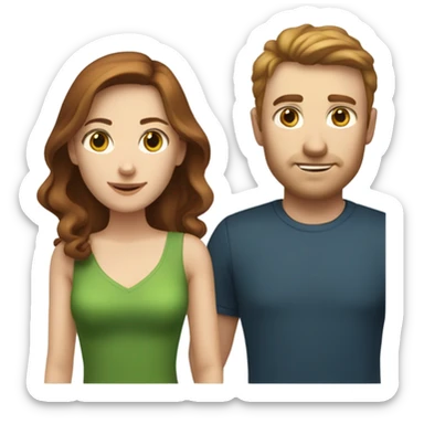 Caucasian couple. Man has short, brownish-red hair and blue eyes. Woman with dark brown hair and green eyes  sticker