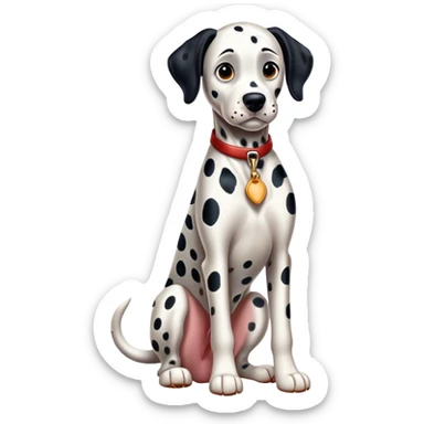Cinematic Realistic full-body portrait of a Dalmatian dog, rendered with glossy, meticulously detailed spotted fur and expressive, alert eyes, set against a clean, neutral backdrop that highlights its regal and athletic stance. sticker