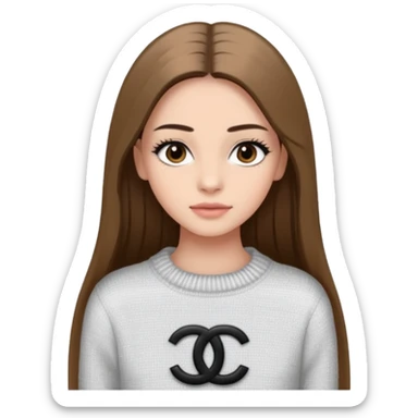 Une fille avec des faux cils, des yeux, marrons, des cheveux lisses un pull Chanel sticker