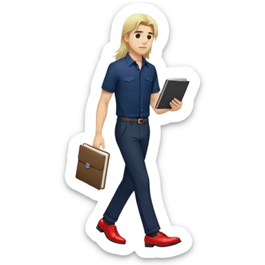 Guy with super long straight blonde hair wearing a short sleeve navy button up untucked black pants red shoes walking holding a notebook by his hip sticker