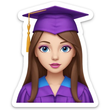 pretty girl with beautiful extremely long brown hair, blue eyes, long lashes makeup, sexy pink lips, wearing a purple and light pink graduation cap and gown sticker
