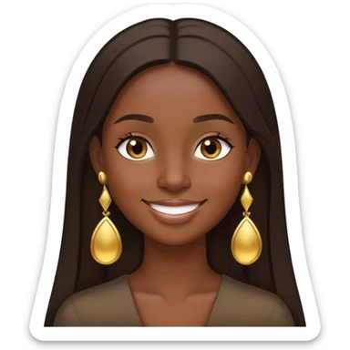 Girl showing happiness, dark skin tone, long straight dark brown hair, gold earrings sticker