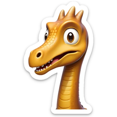Cinematic Comical Brachiosaurus Portrait Emoji, Head tilted dramatically with an exaggeratedly surprised expression, featuring a tiny, animated head atop an impressively long neck, with wide, comically expressive eyes and a subtly quirky posture, Simplified yet humorously expressive features, highly detailed, glowing with a slightly sassy golden glow, high shine, dramatic yet playful, stylized with an air of cheeky prehistoric mischief, soft glowing outline, capturing the essence of a meme-worthy Brachiosaurus that looks ready to playfully leap its way into viral fame! sticker
