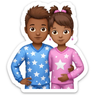 4 year old brown spikey haired boy with blue pajamas with stars on them and a 1 year old brown haired pony tail girl with pink pajamas, and stars on them sticker