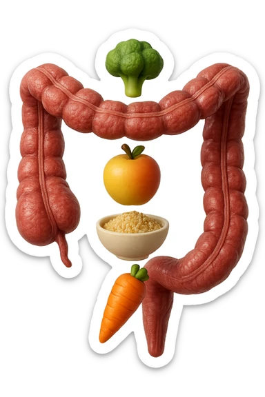 emoji stile iphone in 3d di cibo sano che fluttua in aria vericalmente insieme a pezzi di colon umano anatomico, iperrealistico 4k sticker